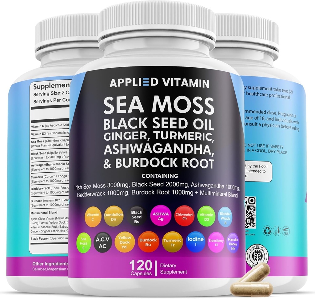 Deniz Moss 3000 mg Capsules, Organik Immune Support Black Seed Oil, Ashwagandha Supplements, Bladderwrack Organik, Turmeric, Burdock Organik, C, D3, Vegan Minerals (120)