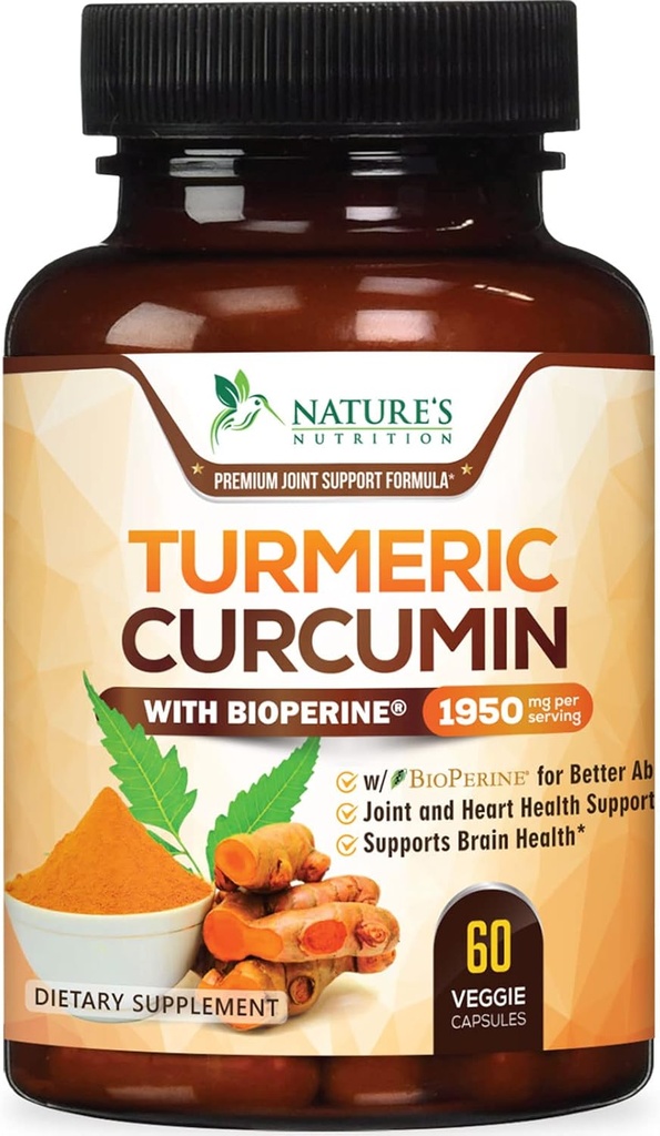 Turmeric Curcumin Supplement 1950 mg -% 95 Curcuminoids with Organic Turmeric & BioPerine Black Pepper Extract for Best Abpole, Nature's Vegan Ortak Destek, Non-GMO, Şişed in USA - 60 Capsules
