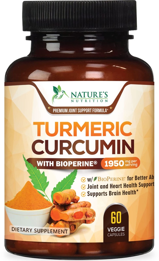 Turmeric Curcumin Supplement 1950mg - 95% Κουρκουμινοειδή με Βιολογικό Turmeric & BioPerine Black Pepper Extract για την Καλύτερη Απορρόφηση, Nature's Vegan Joint Support, Non-GMO, Εμφιαλωμένο στις ΗΠΑ - 60 Κάψουλες