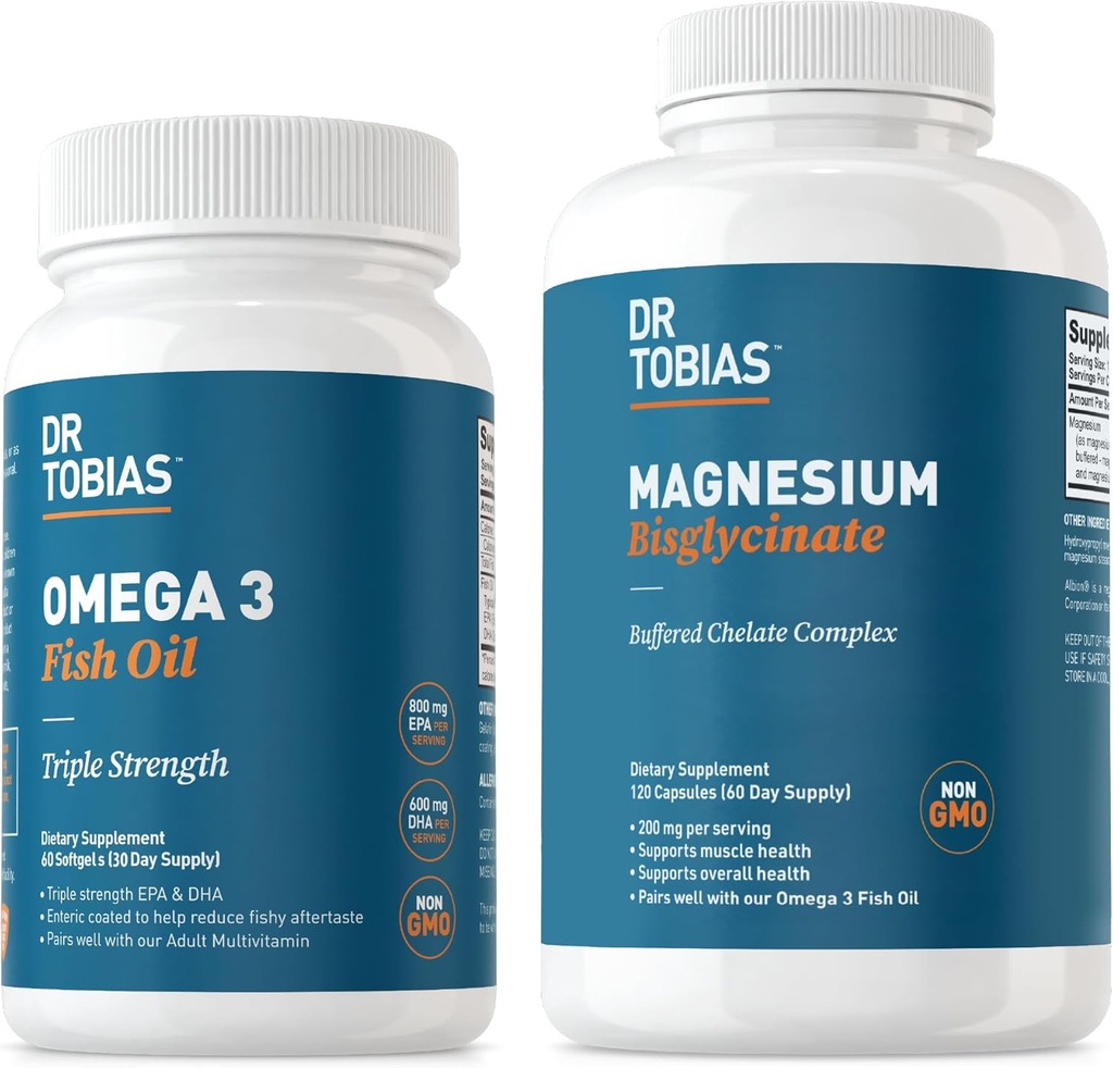 Dr. Tobias Omega 3 Fish Oil & Magnesium Bisglycinate Συμπληρώματα, Υψηλή Απορρόφηση, Υποστηρίζει την καρδιά, τον εγκέφαλο, το ανοσοποιητικό, την ενέργεια, τους μυς, τα οστά και την κοινή υγεία, μη ΓΤΟ