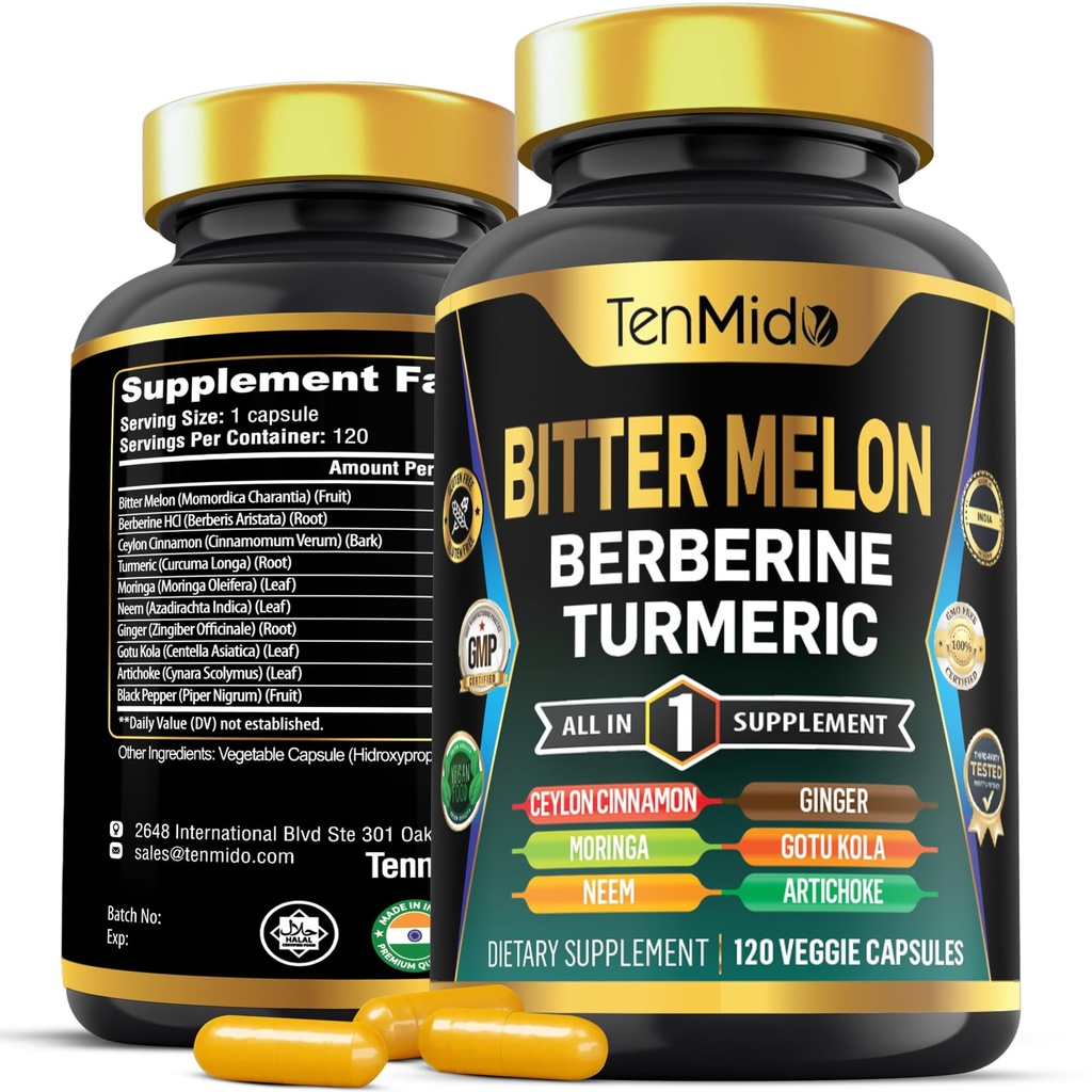 Bitter Melon Capsules - 10in1 Formula - Berberine, Ceylon Cinnamon, Turmeric, Moringa, Neem, Ginger, Gotu Kola, Artichoke ve Black Pepper - 4 Ay Supply