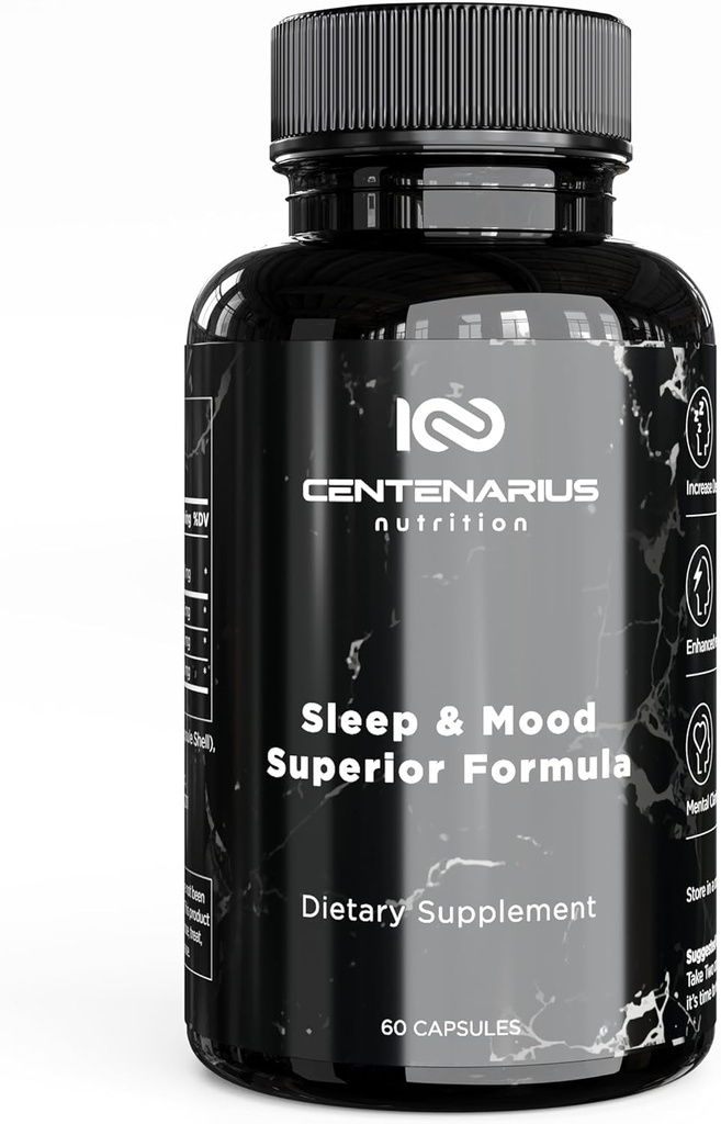 Centenarius Nutrition Sleep and Mood Formula with L-Theanine, 5-HTP, PharmaGABA + More for Sleep + Enhanced Mood & Stress Levels (60 Count)