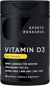 Sports Research Βιταμίνη D3 1000iu (25mcg) Εμπλουτισμένη με λάδι καρύδας ~ Ανοσοποιητική & Οστική Υποστήριξη ~ Μη ΓΤΟ Επαληθευμένο, Χωρίς σόγια & Γλουτένη (360 Mini Liquid Softgels)