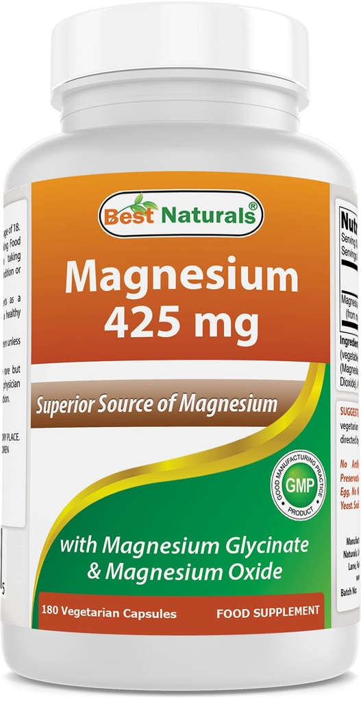 En İyi Doğallar Magnezyum 425 mg 180 Veggie Capsules - Yüksek Abvitamin Magnezyum Glycinate & Magnezyum Oksit Chelated, Non-GMO, Gluten Free Muscle Relax (180 Kont)