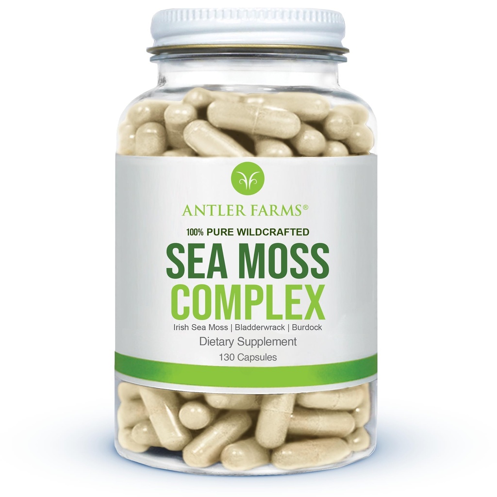 Αγροκτήματα Antler – 100% Pure Sea Moss Complex, 130 κάψουλες, Wildcraft Irish Sea Moss, Bladderwrack, και Burdock Root – Ένα ισχυρό μείγμα για την ευεξία, Vegan-Friendly, Γλουτένη, Σόγια, και Γαλακτοκομικά Δωρεάν