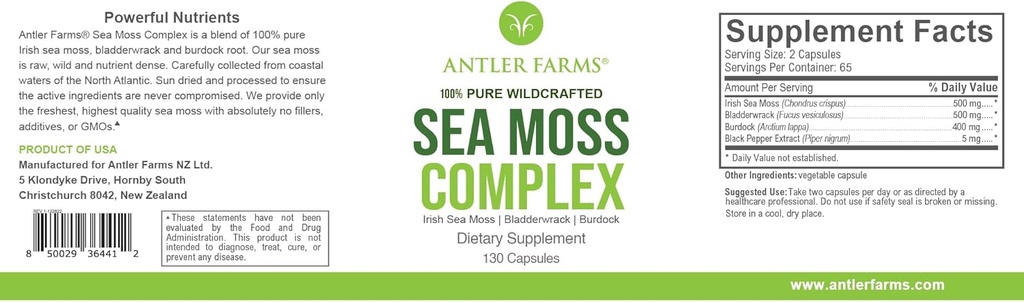 Antler Farms – 100% Pure Sea Moss Kompleksi, 130 Capsules, Wildcrafted Irish Sea Moss, Bladderwrack ve Burdock Root – A Potent Blend for Wellness, Vegan-Friendly, Gluten, Soy ve Süt Free