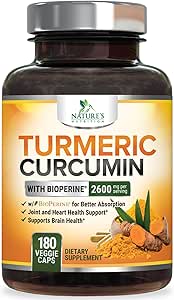 Turmeric Curcumin Supplement 2600mg - 95% Curcuminoids with Organic Turmeric & BioPerine Black Pepper Extract for Best Absorption, Natural Vegan Joint Support, Non-GMO, Bottled in USA - 180 Capsules