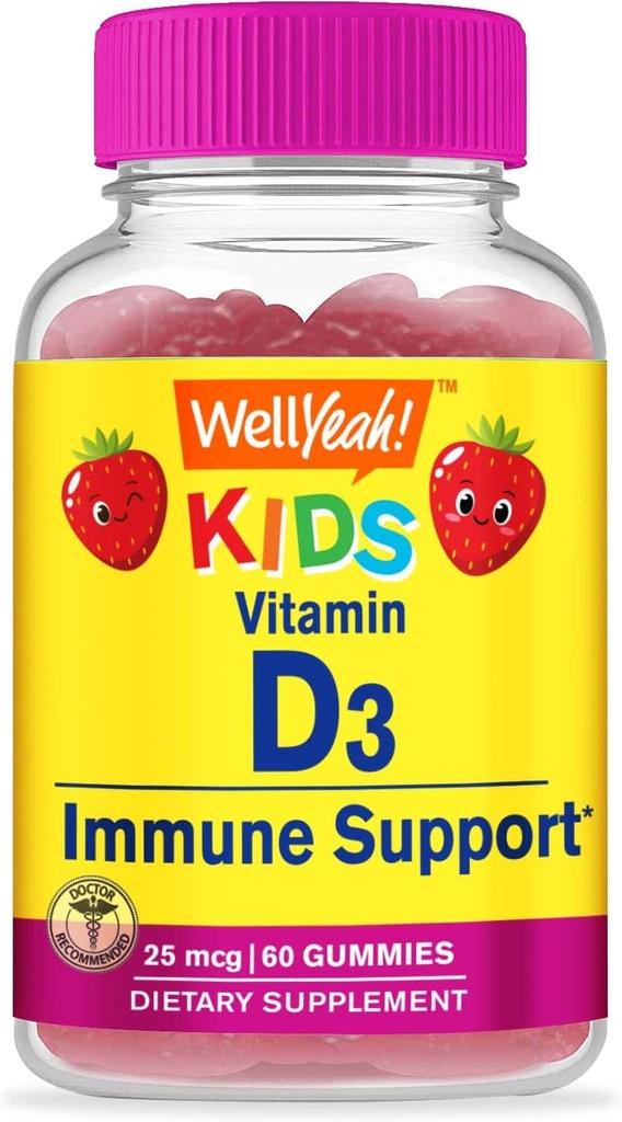 WellYes Kids Vitamin D3 Gummies - 1000 IU (25 mcg)- Supports Bone Strength and Immunity - Non-GMO, Gluten-Free - Strawberry Flavor - Beslenme Supplement - 60 Hizmetler
