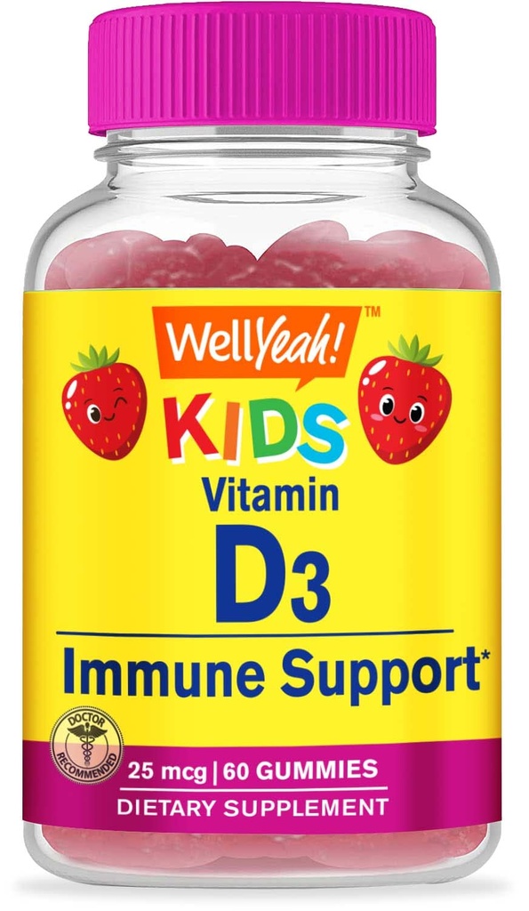 WellYes Kids Vitamin D3 Gummies - 1000 IU (25 mcg)- Supports Bone Strength and Immunity - Non-GMO, Gluten-Free - Strawberry Flavor - Beslenme Supplement - 60 Hizmetler