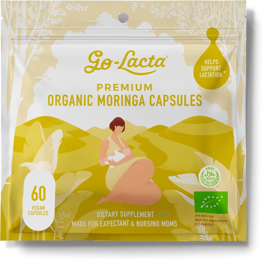 Go-Lacta® 100% Βιολογικές κάψουλες Moringa για τον θηλασμό Moms - 60 κάψουλες - Pure Premium Μεταγεννητικές Βιταμίνες - Συμπληρώματα Θηλασμός για την αύξηση της προσφοράς γάλακτος - Επιλόχειες Βιταμίνες για γυναίκες