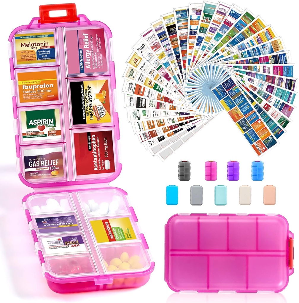 14 Grids Travel Pill Organizer Box with 415-Pcs Medicine Name Labels - Pocket Daily Pharmacy Case Container Kit - Travel Medication Holder Dispenser for Fish Oil Vitamin Supplement Storage -Clear Pink