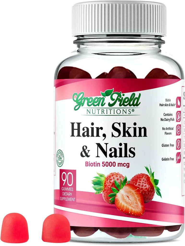 Greenfield Διατροφές - Halal Biotin Gummies Βιταμίνη για τα μαλλιά, το δέρμα και τα νύχια, Υποστηρίζει το λιπώδη μεταβολισμό, την ανάπτυξη των μαλλιών, τα ισχυρά νύχια & σαφές δέρμα, Ζελατίνη δωρεάν, μη-GMO, και γλουτένη δωρεάν - 90 Gummies