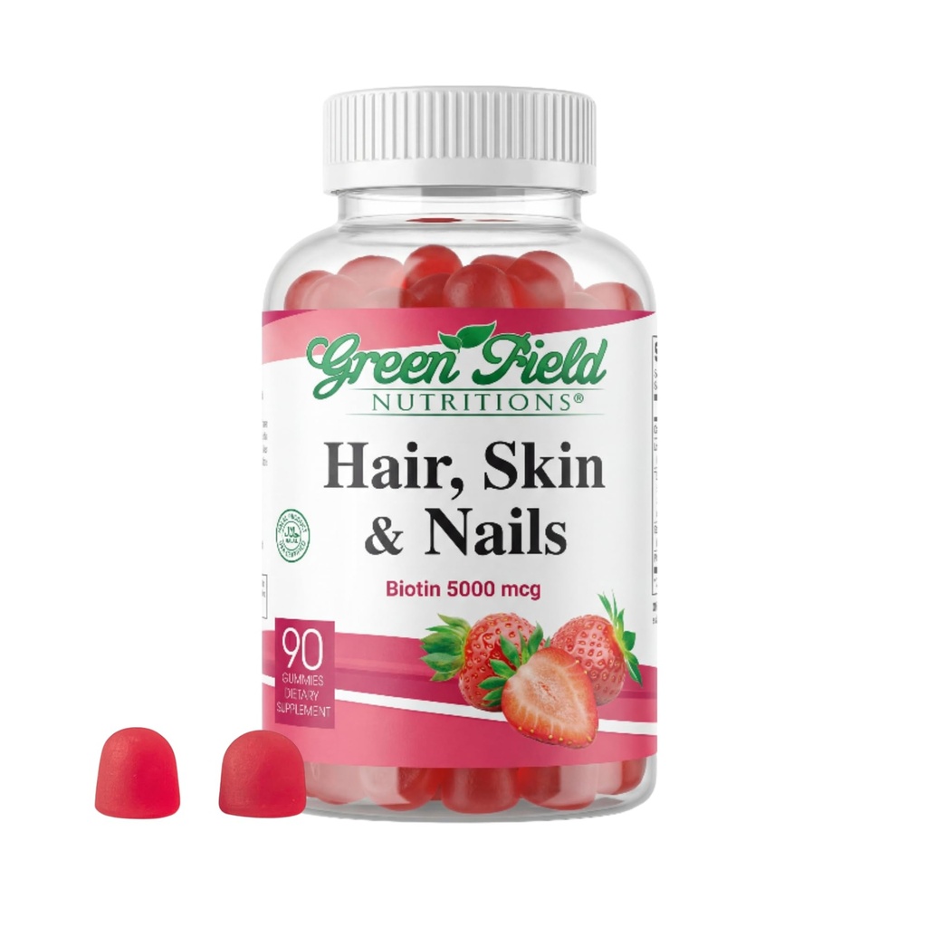 Greenfield Beslenmeleri - Halal Biotin Gummies Vitamin for Hair, Skin and Nails, Supports Fat Metabolism, Saç Büyüme, Güçlü Nails & Clear Skin, Gelatin Free, Non-GMO, and Gluten Free - 90 Gummies