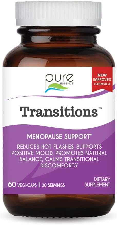 Pure Essence Labs Transitions Vitamins for Women, Natural Menopause Relief Supplement to Foundation Hormon Dengesini Geliştirmek, Hot Flashes, Mood Swings & Night Sweats, 60 Capsules