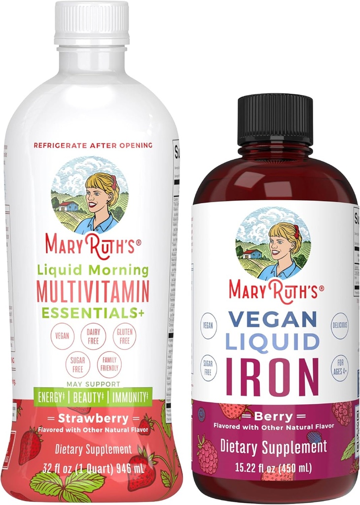 MaryRuth's Liquid Morning Multivitamin (Strawberry) & Iron Liquid (Berry) | Clean Label Project Verified® | Vitamins for Energy, Immunity, & Overall Health | Vegan, Non-GMO, Gluten Free