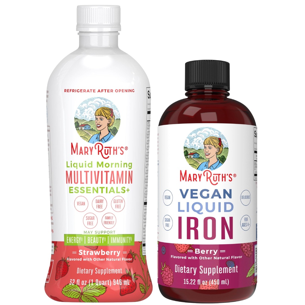 MaryRuth's Liquid Morning Multivitamin (Strawberry) & Iron Liquid (Berry) | Temiz Etiket Projesi Gerçekleştirilmiş® | Enerji için Vitaminler, Immunity, & General Health | Vegan, Non-GMO, Gluten Free