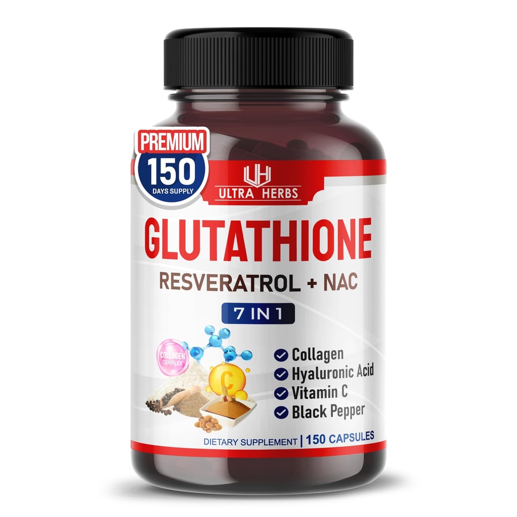 Glutathione Supplement Active Reduced Form, Enriched with Resveratrol, NAC, Collagen, Hyaluronic Acid, Vitamin C - Immunity & Detox | 150 Capsules