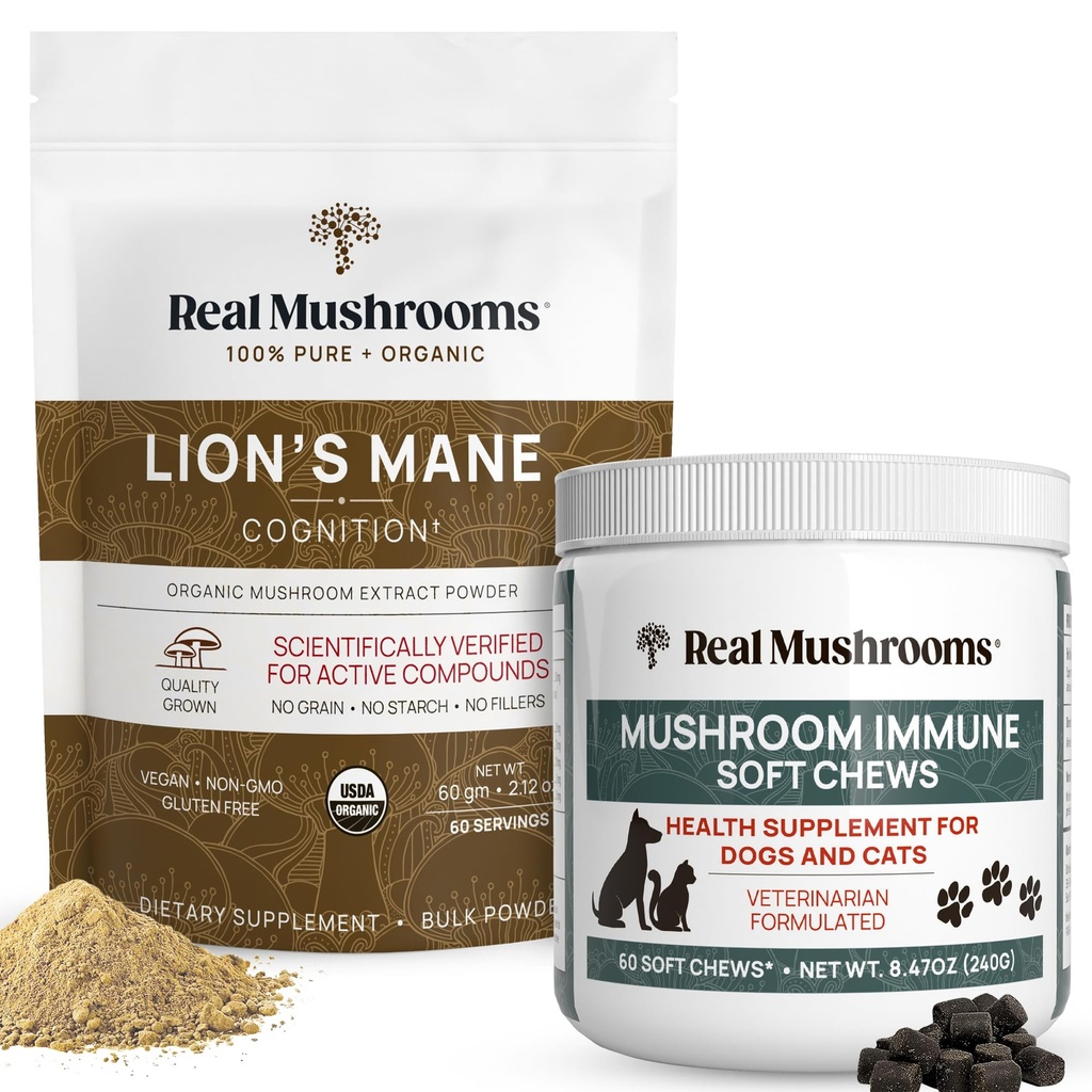 Gerçek Mushrooms Lions Mane Toz Insanlar (60g) & Mushroom Immune Pet Chews (60ct) - Cognition & Immunity - Ashwagandha, Astragalus & More - Vegan, Non-GMO, Gluten-Free,