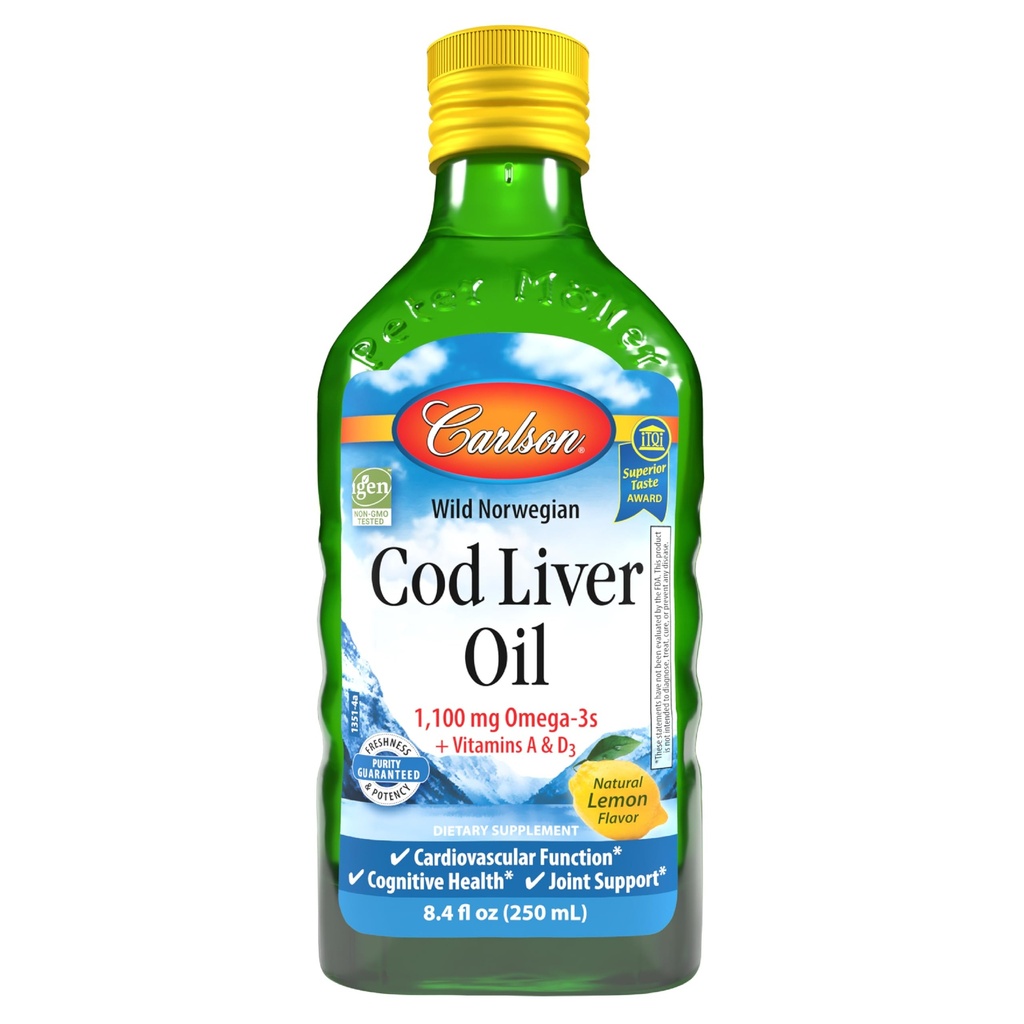 Carlson - Cod Liver Oil, 1100 mg Omega-3s, Liquid Fish Oil Supplement, Wild-Caught Norveç Arctic, Sustainable Sourced Nordic Liquid, Lemon, 250 ml