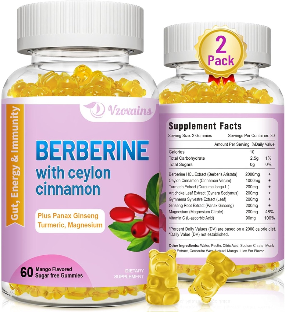 Βερβερίνη με Gummies κανέλας Κεϋλάνης, συμπλήρωμα υψηλής δυναμικής βερβερίνης HCI, υποστήριξη ανοσοποιητικής υγείας, 120 Gummies με γεύση μάνγκο