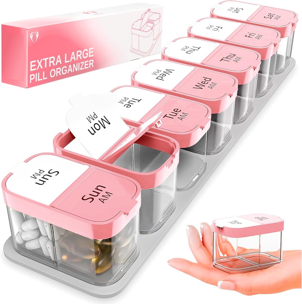 Ekstra Büyük Haftalık Pill Organizer - XL Vitamini 7 Detachable AM PM Karşılaştırmalar - Ev ve Seyahat için Portatif Tıp Hediyesi, Haftalık veya Günlük kullanım için Big Supplement Konteyner, Pink Bio