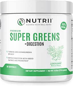 Organik Yeşil Immunity Superfood Toz - Soothes Digestion, Boosts Health Vitality and Energy. Probiyotikler, Enzymes, Turmeric ve Ashwagandha (30 Limon-Mint) ile Formula