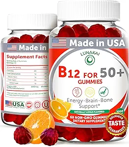 Lunakai ΗΠΑ Φτιαγμένη βιταμίνη B12 Gummies για ενήλικες 50+, μη ΓΤΟ B12 για την ενέργεια & την ζωτικότητα Boost, Delicious Orange Flavor, 60ct