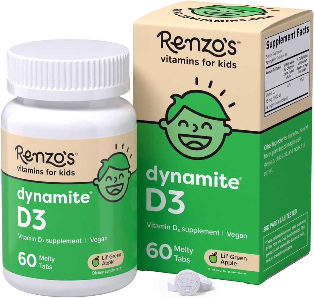 Renzo'nun Dynamite Vitamin D3, Çocuk Vitamin D3, 60 Sugar-Free Melty Tabs, Lil' Green Apple Flavored