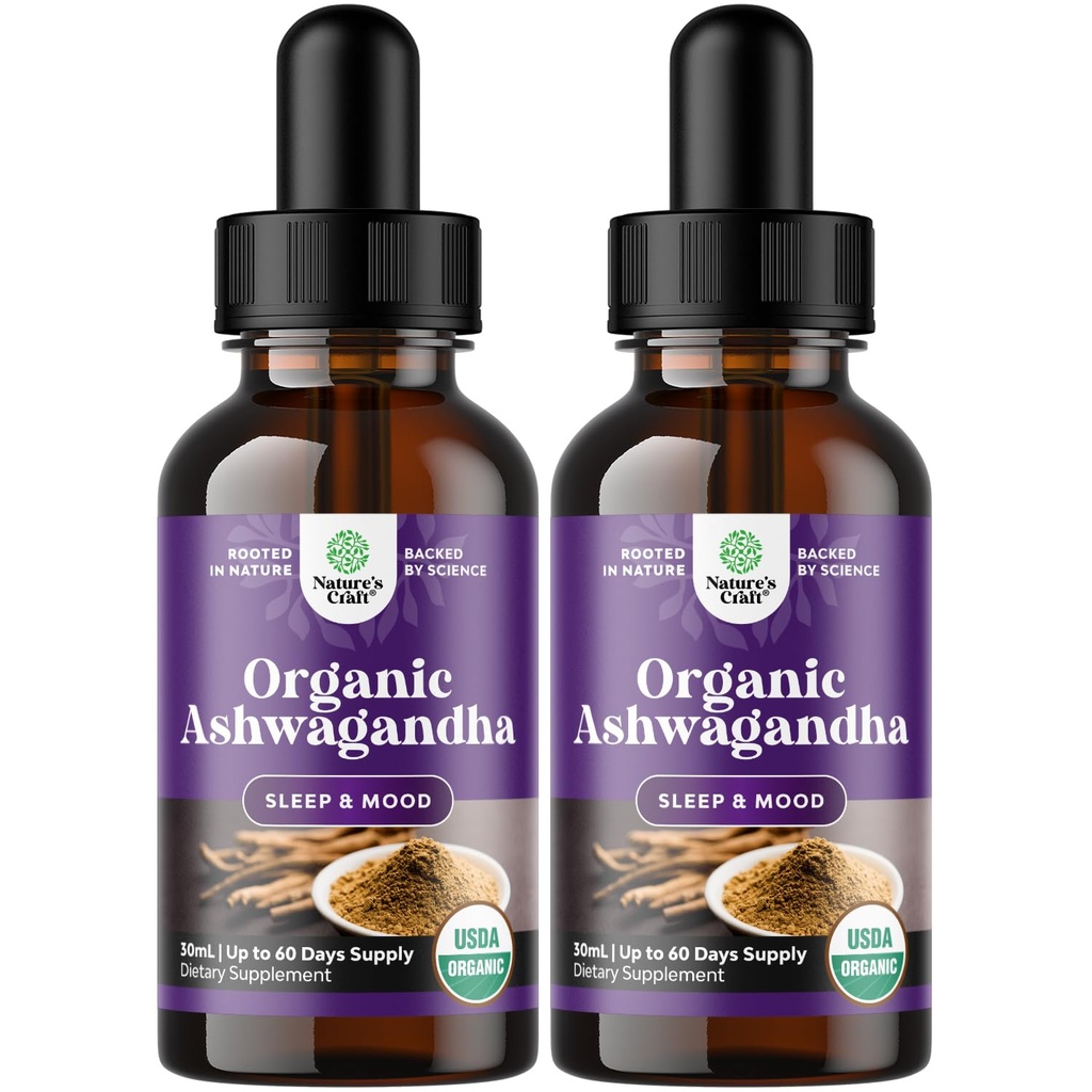 Natures Craft USDA Organic Ashwagandha Liquid Drops - Sıvı Ashwagandha Root Extract for Stress and Mood Support - Tasty Adaptogen Tincture Non GMO Vegan Gluten Alkol ve Şeker Ücretsiz (2 Paket)