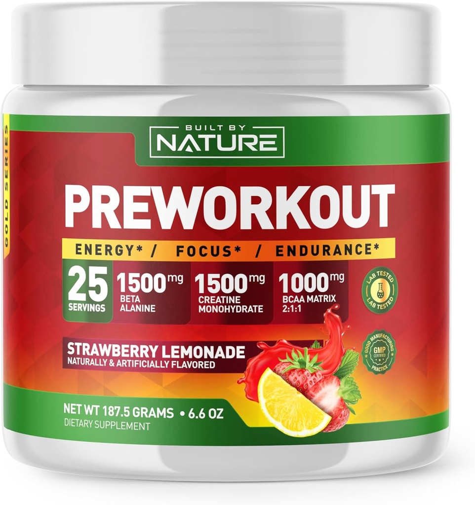 Nature Pre Workout Toz tarafından Beta Alanine, Citrulline, L Arginine ve Caffeine - Strawberry Lemonade Flavor - 25 Servisler