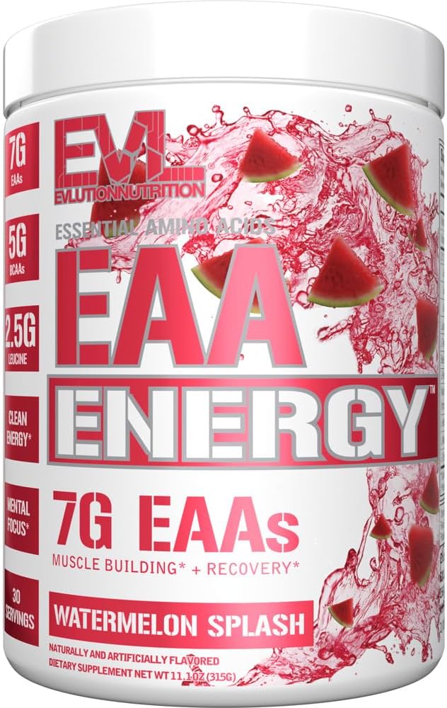 Evlution Nutrition EAA Energy - Pre & Post Workout Powder - Muscle Building & Recovery Supplement - 7g Essential Amino Acids + 5g BCAAs - Καθαρή ενέργεια - Με καφεΐνη - 30 εξυπηρετήσεις - Watermelon Splash