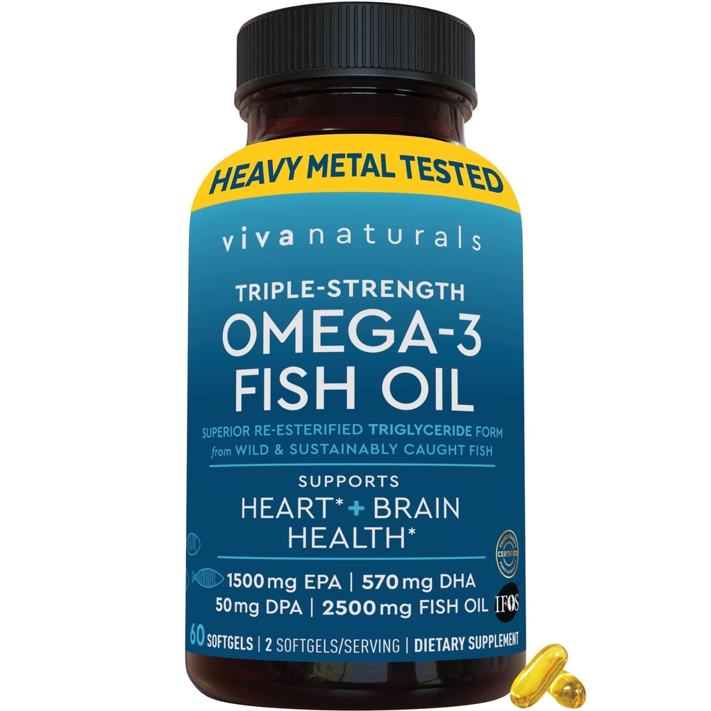 Viva Naturals Omega-3 Fish Oil, Triple Strength, 2500 mg, 60 Softgels – Re-Esterified Omega 3 Λιπαρά Οξέα Συμπεριλαμβανομένων EPA, DHA, DPA - Pascatarian-Friendly