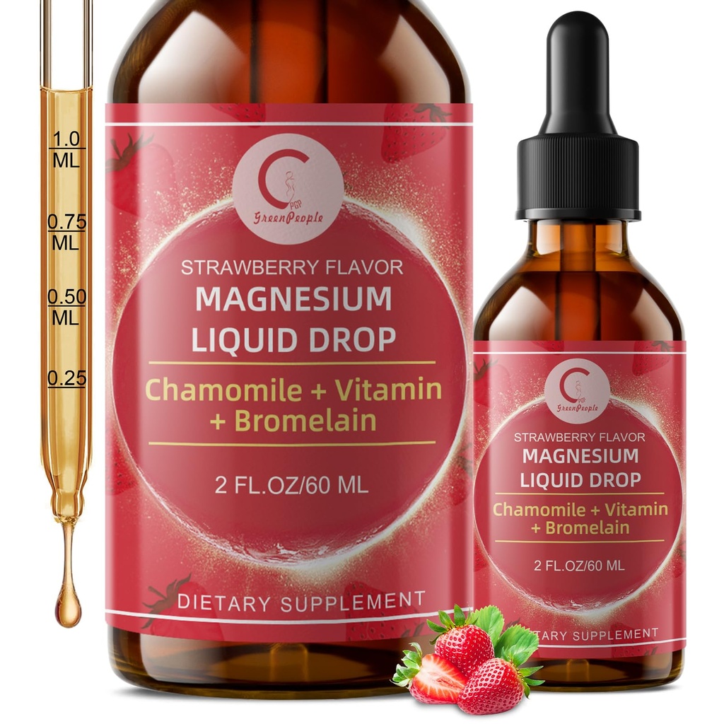 Triple Complex Liquid Drops - Magnezyum Glycinate Liquid Drops, Taurate & Citrate with L-theanine, Vitamin B6 for Sleep, Muscle, Immune Health, Vegan, Non-GMO, Strawberry Flavor, 2 Fl OZ