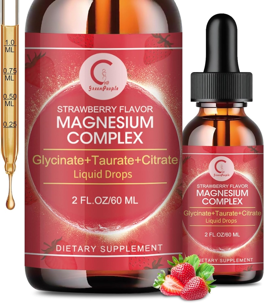 Triple Complex Liquid Drops - Magnezyum Glycinate Liquid Drops, Taurate & Citrate with L-theanine, Vitamin B6 for Sleep, Muscle, Immune Health, Vegan, Non-GMO, Strawberry Flavor, 2 Fl OZ