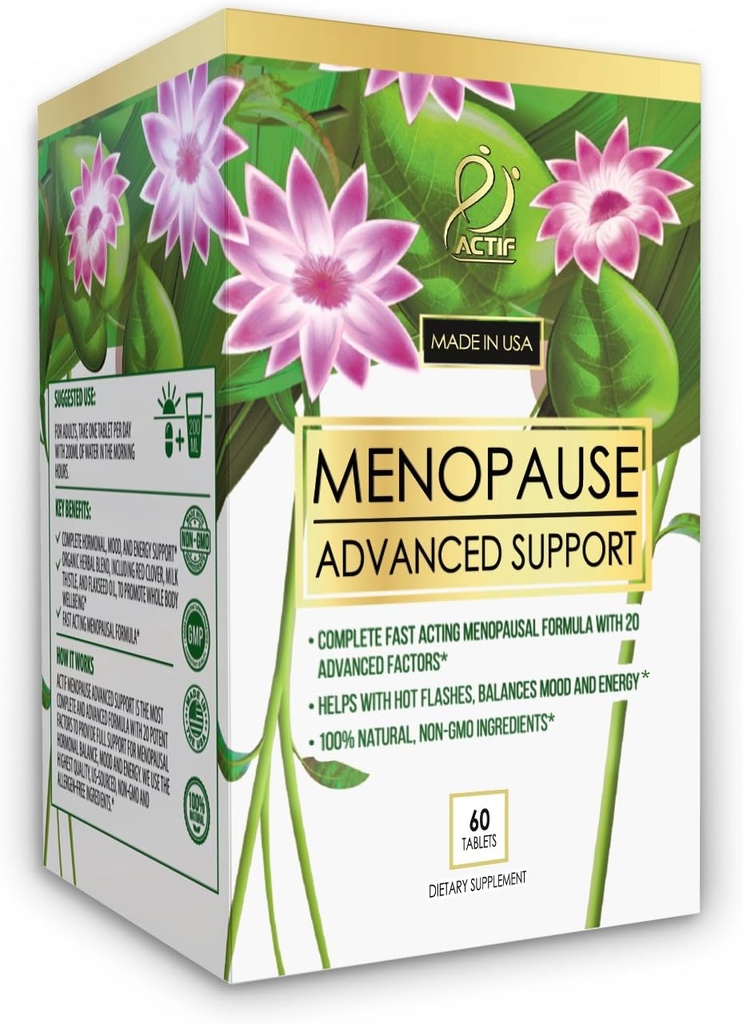 Actif Menopause Advanced Support with 20+ Organic Vitamins and Herbs - Relieves Hot Flashes, Night Sweats - Non GMO, Fast Acting, Made in USA, 60 Count Count Counting, Made in USA, 60