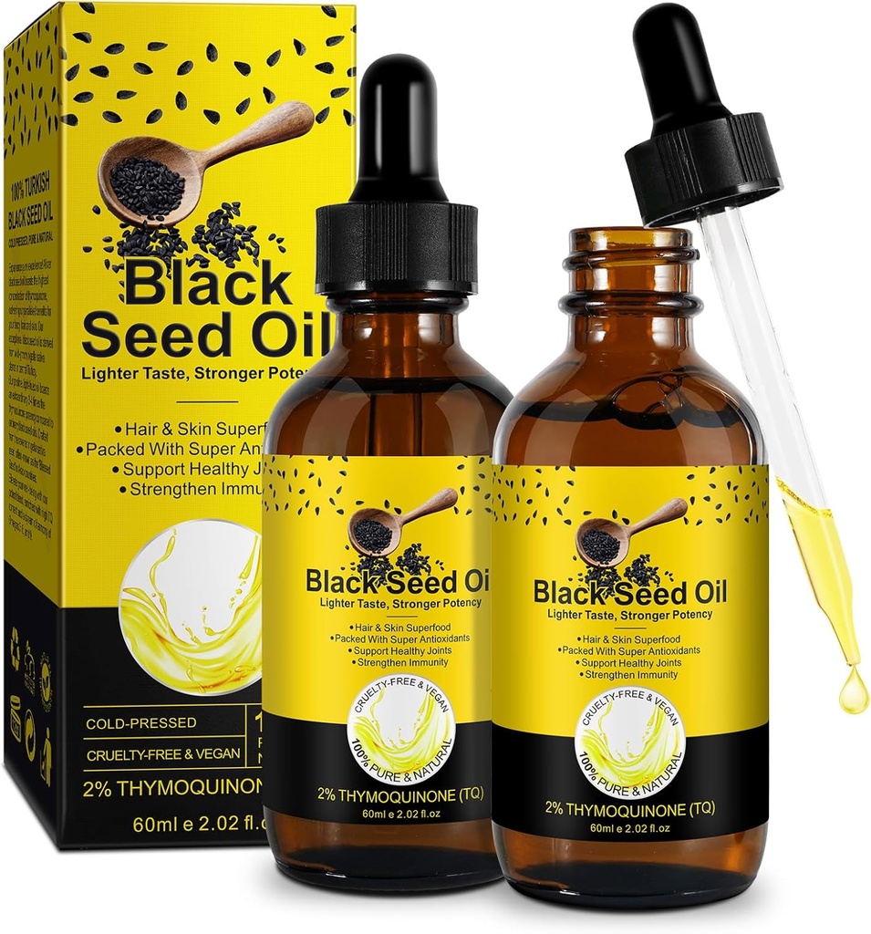 Black Seed Oil 2PACK, 100% Pure Black Seeds Oil Cold Pressed Unrefined, Rich in D3, K2 & E, Black Seed Oil Supplement Drop for Immune Support, Non-G (2x60 ml)