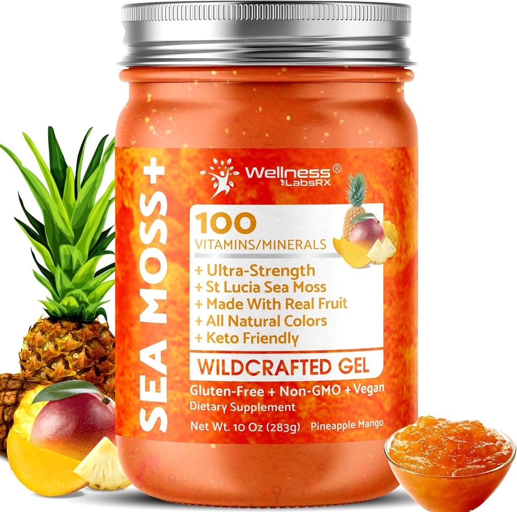WELLNESS LABSRX Irish Sea Moss Gel Raw - Wildcrafted Superfood Seamoss Gel - Pineapple Mango Flavor, Vitamin and Mineral-Rich from Pristine Caribbean Waters - 10 oz.