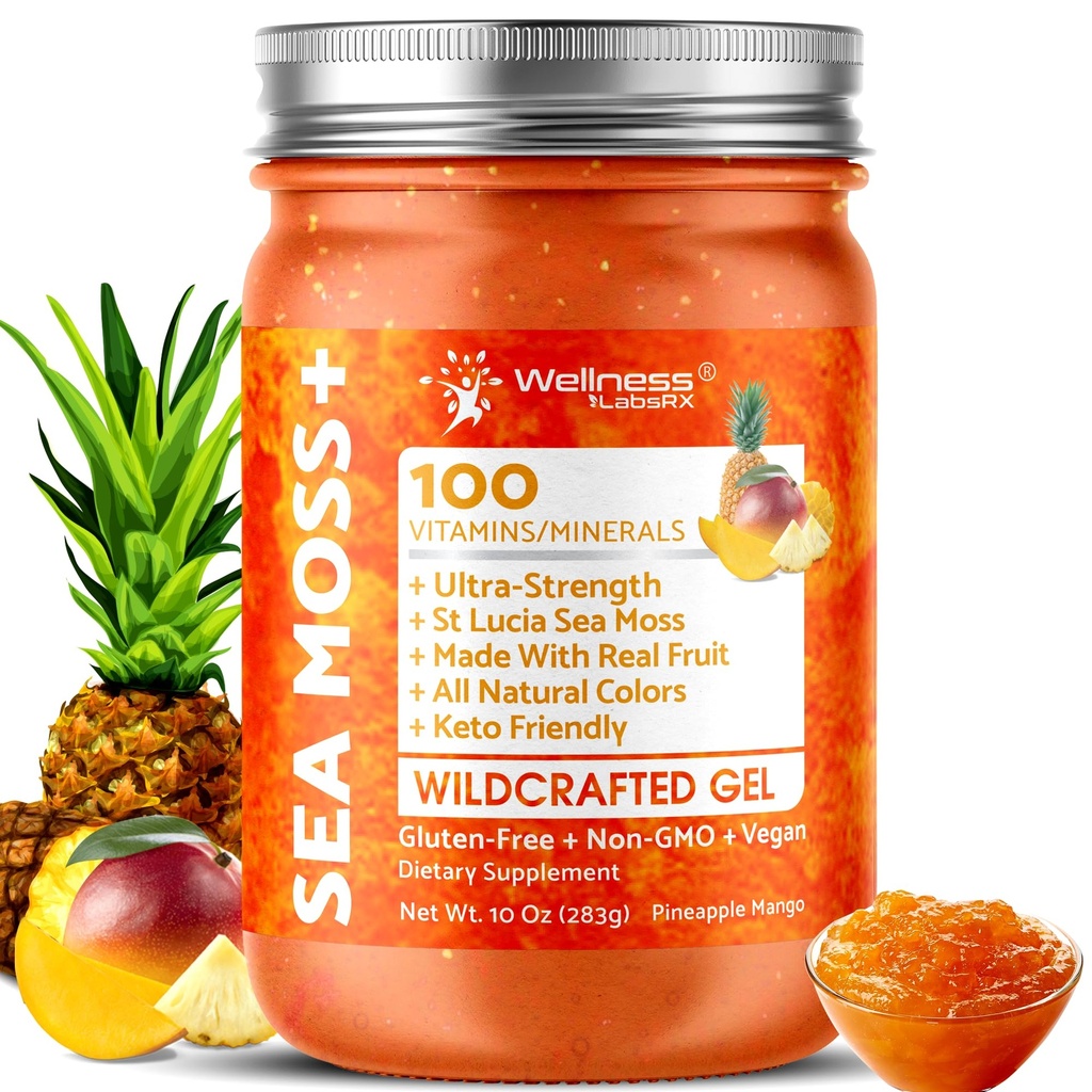 WELNESS LABSRX Irish Sea Moss Gel Raw - Wildcraft Superfood Seamoss Gel - Ανανά Mango Γεύση, Βιταμίνη και Ορυκτά-Rich από την Πριστίνα Caribbean Waters - 10 oz.