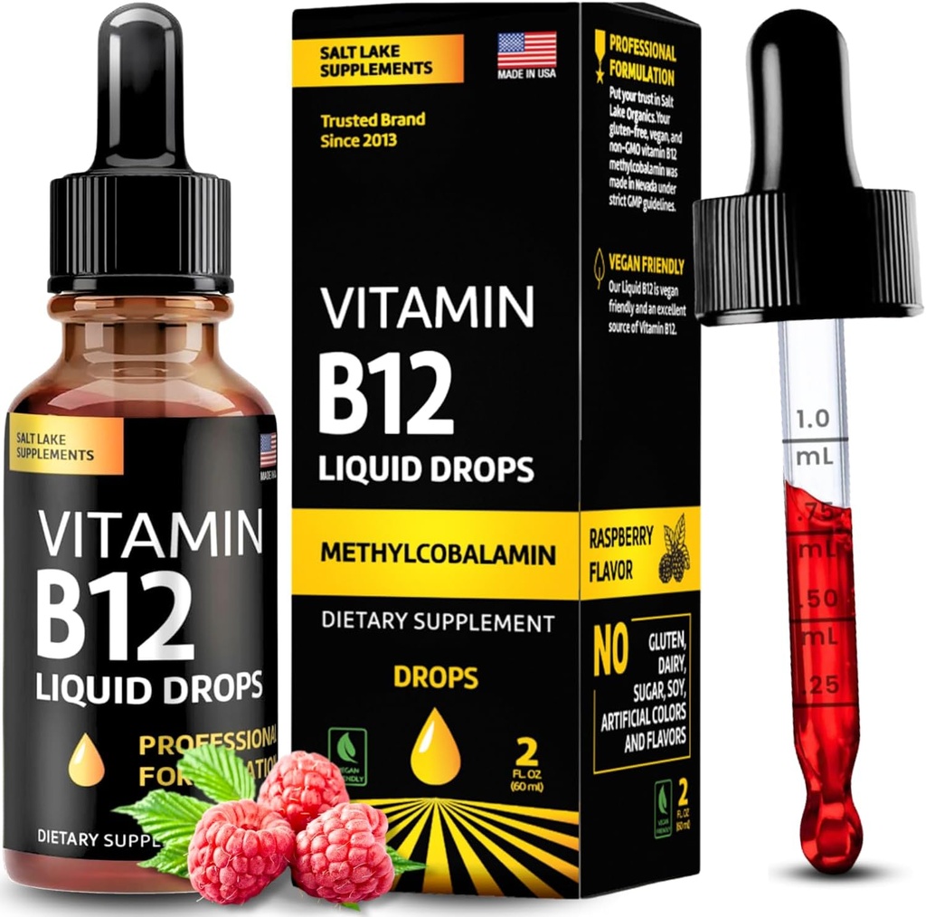 B12 Vitamini - Vegan B12 vitamin 5000 mcg Mecobalamin Fast-Acting Sublingual B Complex Liquid Vitamin B2, B3, B6 - Non-GMO, No Dairy, Soy & Sugar, Raspberry Flavor, 2 fl. oz.