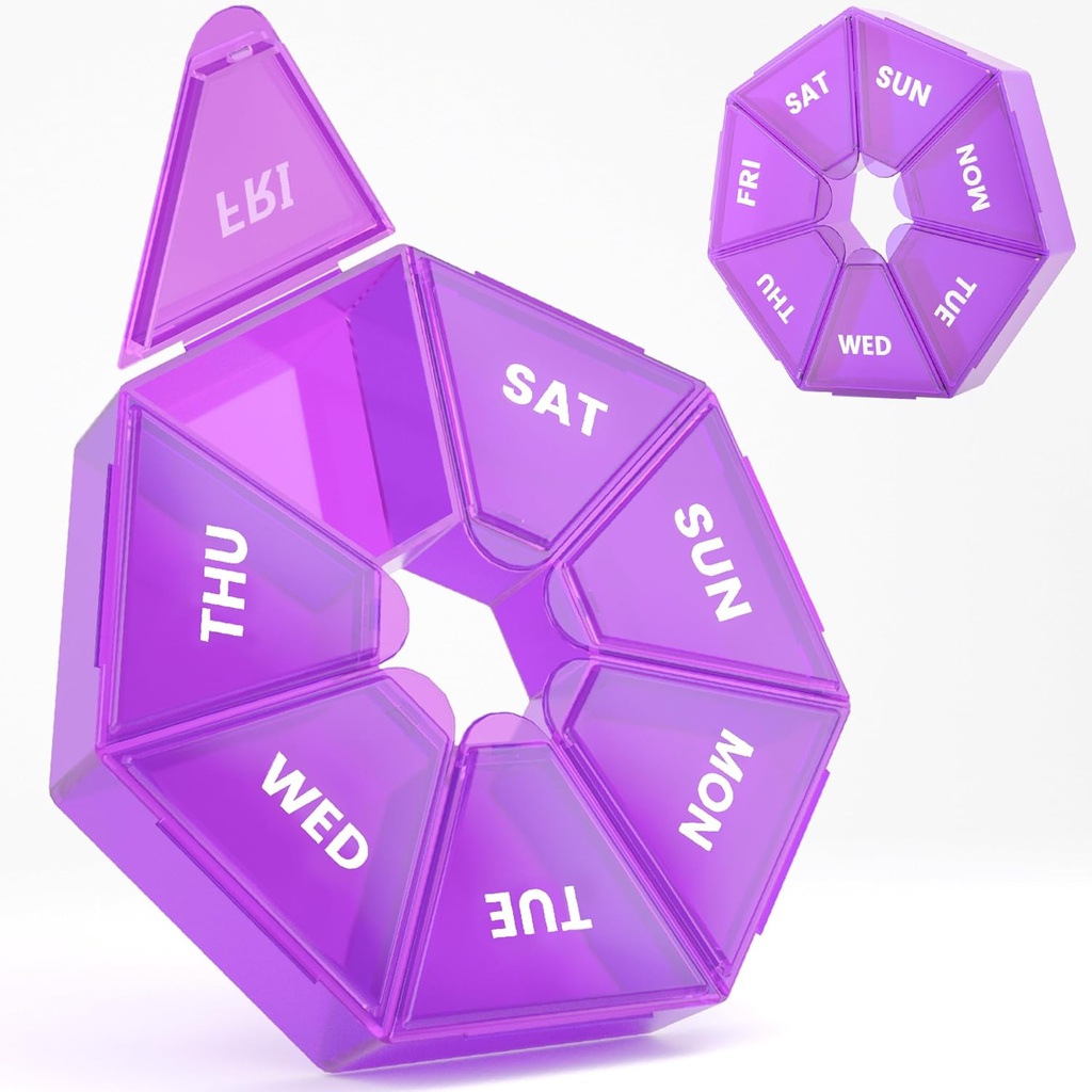 Haftalık Pill Organizer, 2 Pack Portatif Pill Box Tıp davası 6 Renk (Seven Day) Vitamin/Fish Oil /Pills/Supplements-Arthritis Friendly (Purple)