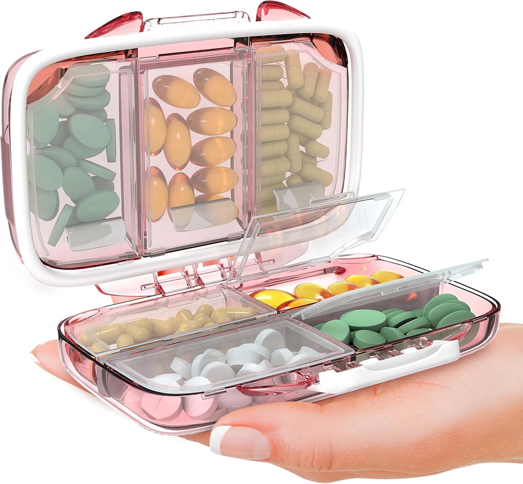 Seyahat Pill Organizer - Moisture Proveratif Vitamin Sahibi 7 Karşılaştırmalı, Purse Essential Tıp Kit için Compact Supplement Case for Purse Essential Medicine Kit fot Traveling Pocket Eczanesi için Etiketler, Pink
