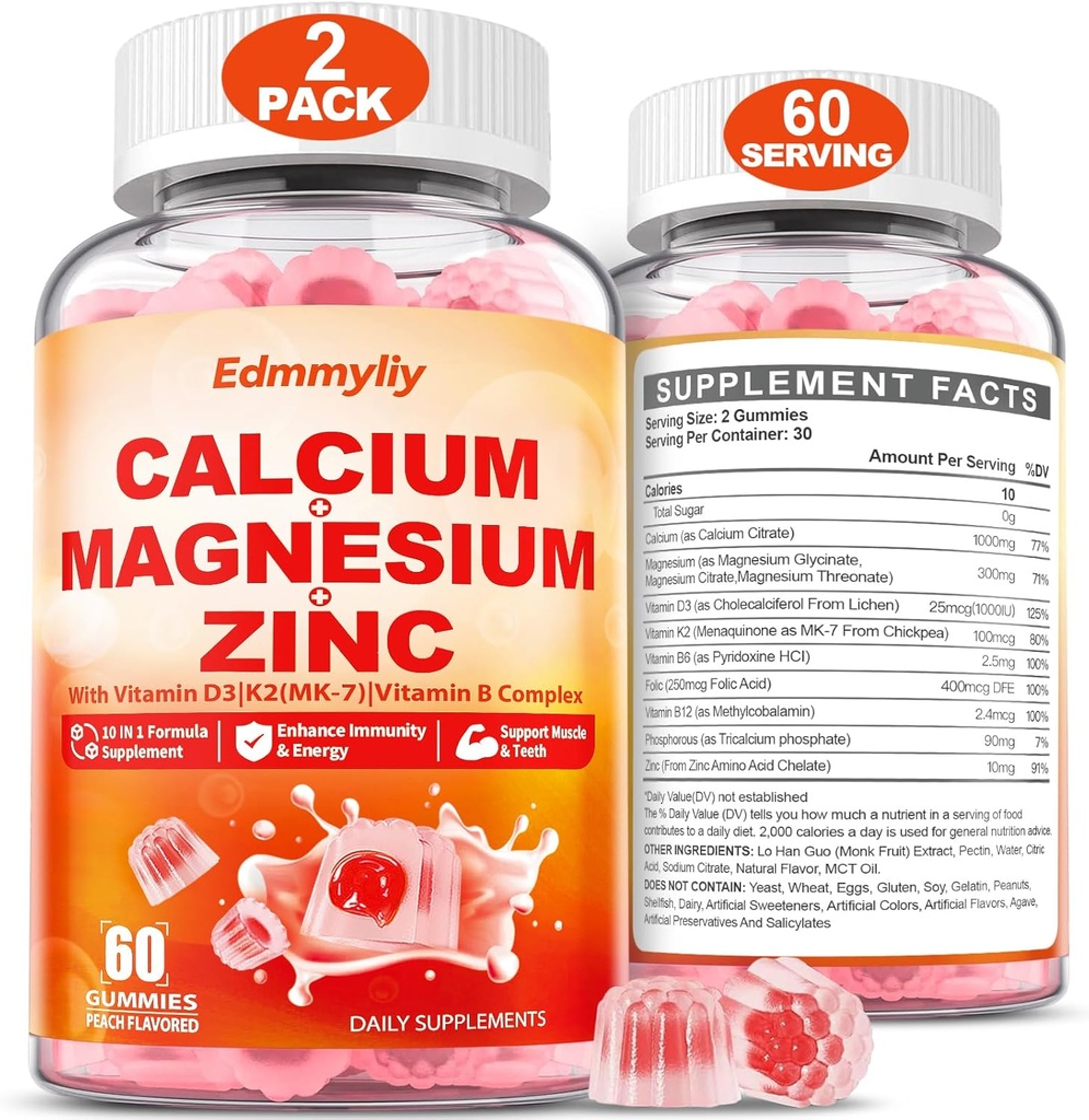 Magnezyum Gummies with Vitamin D3 K2 & B Complex for Women Men 1000 mguba Citrate with Bone, Muscles & Immune Support, Sugar Free, Vegan