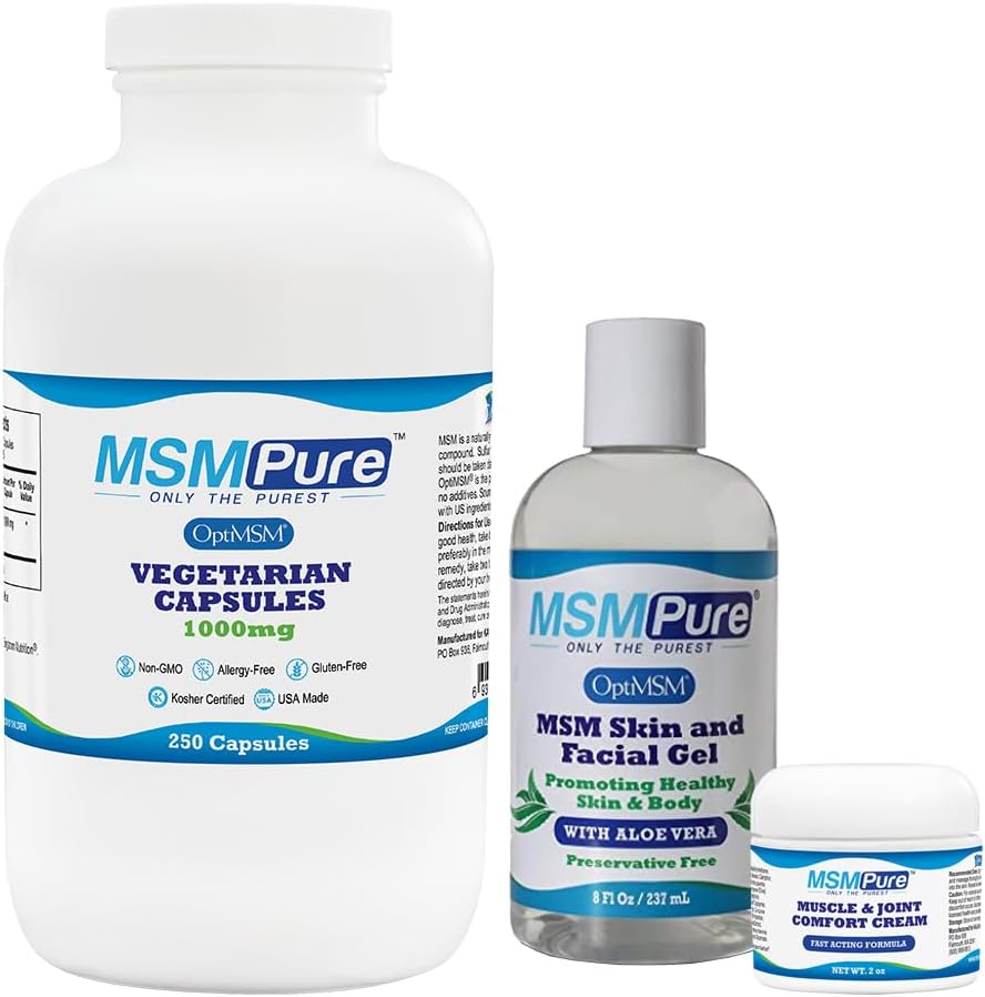 KALA SA MSMPure Start Sche with MSM Capsules 250 Count, MSM Kas & Ortak Krem 2oz ve MSM Gel, Organik Aloe 8oz 8oz