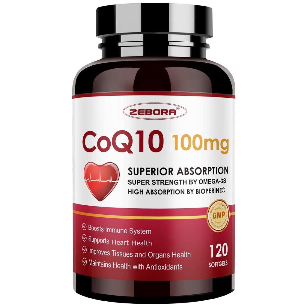ZEBORA CoQ10-100 mg-Softgels with PQ, BioPerine & Omega-3, High Abxia Coenzyme Q10 Supplement, Güçlü Antioksi, Support Heart & Energy-Production 120 hizmet, Non-GMO