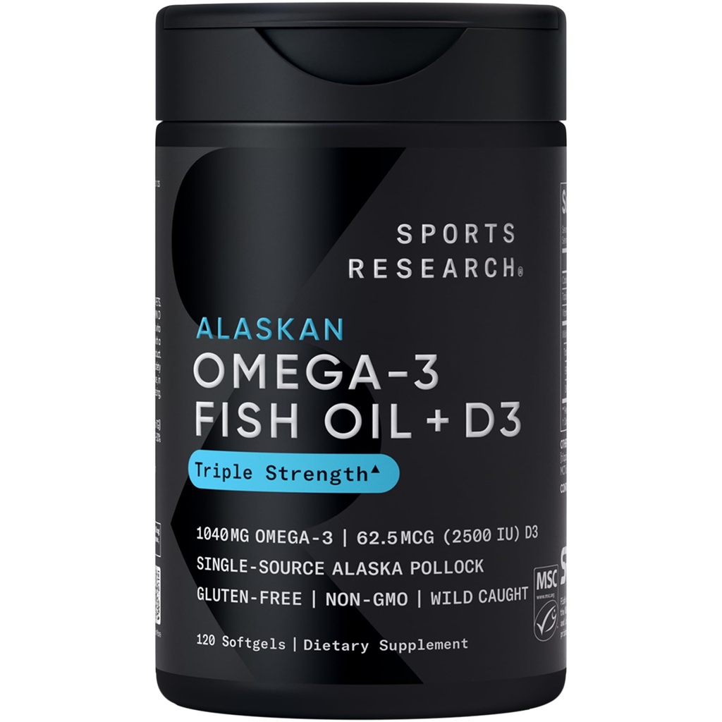 Sports Research® Alaska Omega-3 Fish Oil 1040mg + Βιταμίνη D3 2500iu - Υποστηρίζει τον εγκέφαλο και την καρδιά υγεία - MSC Certified Sustainable · Wild-Caught · Non-GMO · Τριγλυκερίδια Form - 120 Count Softgels