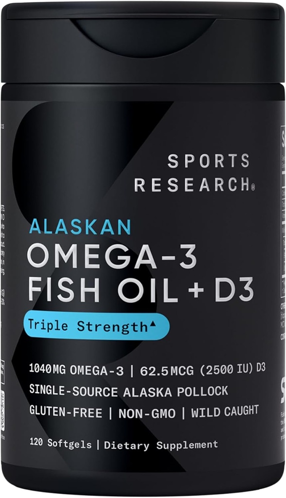 Sports Research® Alaska Omega-3 Fish Oil 1040mg + Βιταμίνη D3 2500iu - Υποστηρίζει τον εγκέφαλο και την καρδιά υγεία - MSC Certified Sustainable · Wild-Caught · Non-GMO · Τριγλυκερίδια Form - 120 Count Softgels
