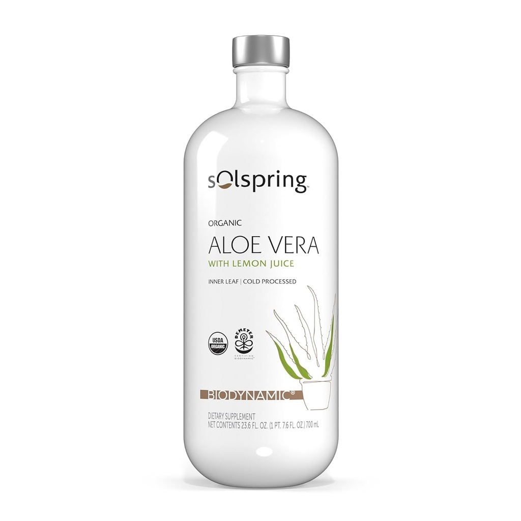 Solspring Biodynamic Organic Aloe Vera Juice with Lemon, 23.6 Fl. Oz. (700 mL), Unpasteurized, Sertifikalı USDA Organik, Rejeneratif, Non-GMO, Gluten Free, Soy Free, Dr. Mercola