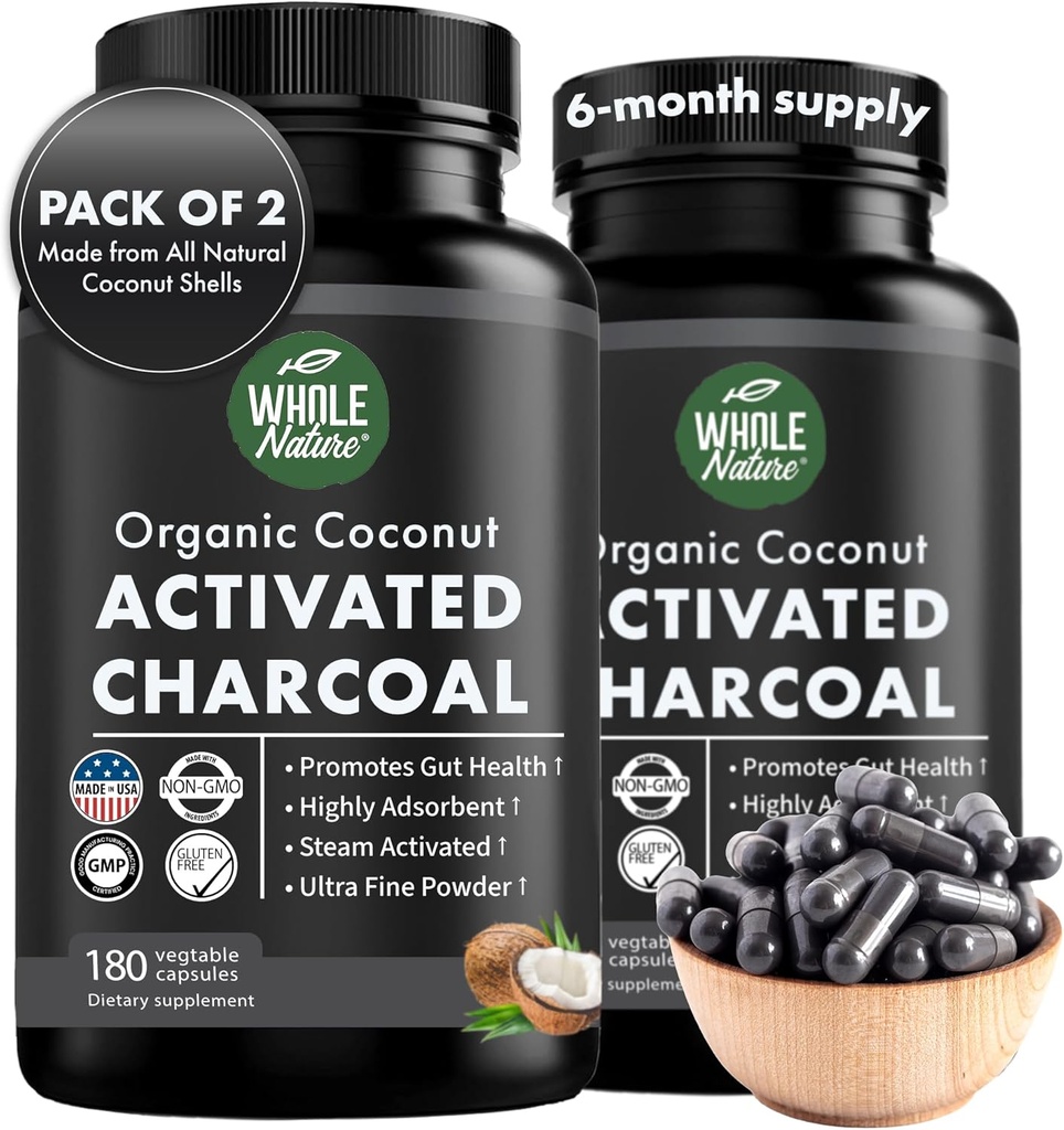 Membran Aktif Charcoal Capsules, 180 Charcoal Capsules, Diş Beyazı, Yardımlar Constipation, Bloating, Stomach Gas, Heartburn, Pure Coconut Derived Tamam (2) (2)