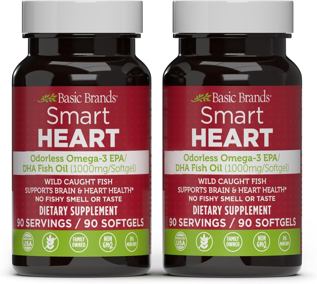 Temel Markalar Smart Heart Odorless Omega-3 Fish Oil 1000 mg - Triple Strength EPA & DHA, Non-GMO, Heart & Cognitive Support - 90 Burpless Softgels - 2Pack