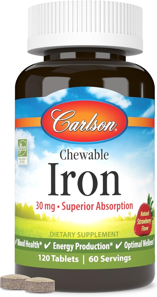 Carlson - Chewable Iron, 30 mg, Superior Abception, Blood Health, Energy Production & Optimal Wellness, Kadınlar ve Erkekler için Chewable Iron Supplement, Natural Strawberry Flavor, 120 Tablet